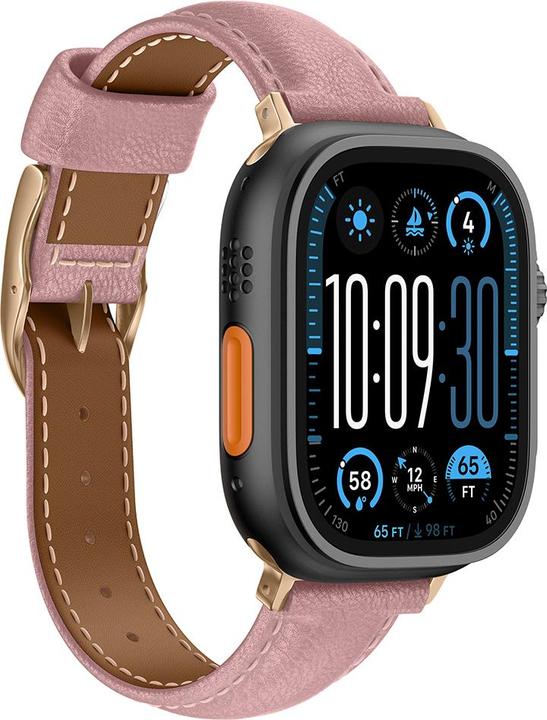 Amazingthing Class Band Lederarmband für Apple Watch 45 / 46 / 49 mm - Rosa (Edelstahl, Narbenleder)