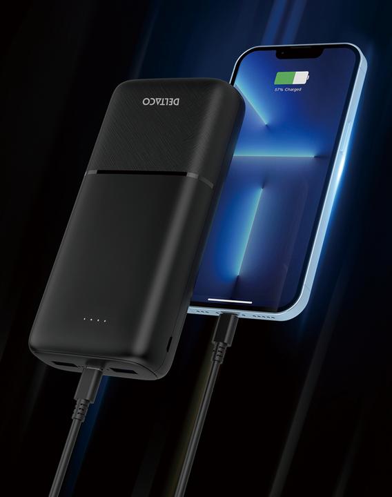 Actual product image Deltaco Powerbank 10,000 mAh, 2x USB-A 18 W, 1x USB-C PD 20 W - Black (10000 mAh, 20 W, 37 Wh)