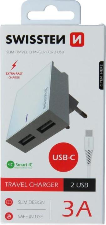 Immagine prodotto Swissten Serie Slim, doppia banca di alimentazione USB da 3A con IC intelligente + cavo USB-C (15 W)