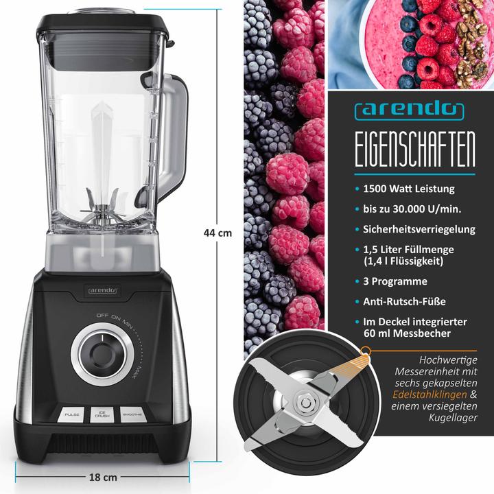 Image du produit Arendo Mixeur sur socle avec bol de 1,5 litre 30 000 tr/min / Lames en acier inoxydable (Prise UE, 1500 W)