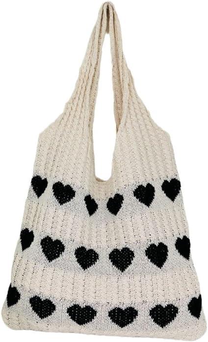 Only-Bags.Store Minimalistische Liebe Muster Hobo Tasche, gestrickt Lagerung Einkaufstasche, leichte Urlaub Tasche