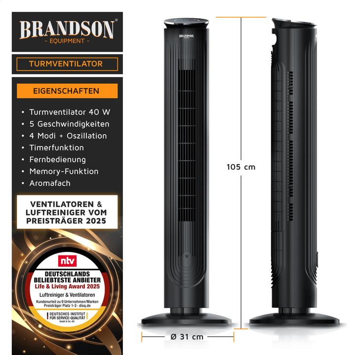 Produktbild Brandson Turmventilator, Fernbedienung, Aromafach, 40 W, Oszillation, 3 Modi, Timer, leise, Standventilator (40 dB)