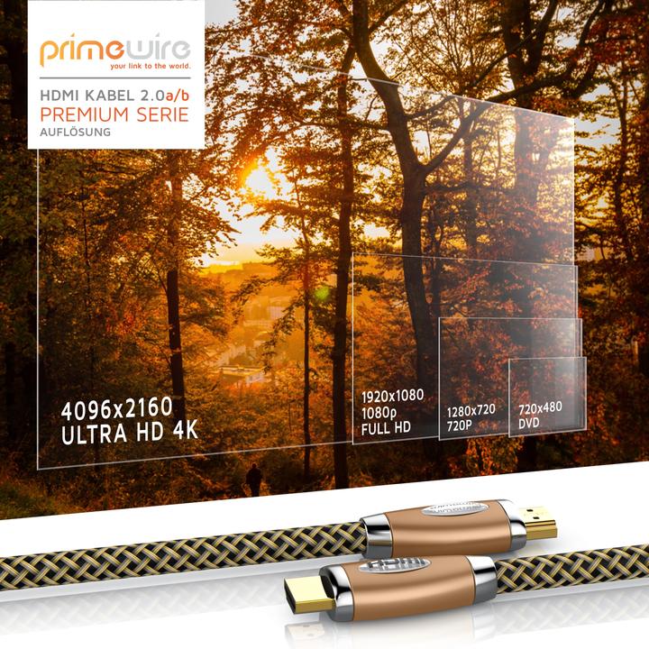 Produktbild Primewire HDMI Kabel 2.0b - 4k Ultra HD 2160p - 3D - Nylonummantelung - Vollmetall Stecker - 3 fach geschirmt (1 m, HDMI)