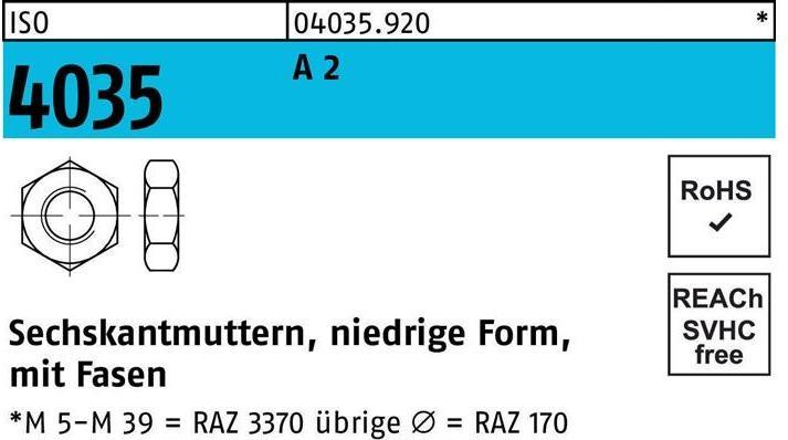 Actual product image Hexagon nut ISO 4035 low w.chamfers M 6 A 2 (M6)