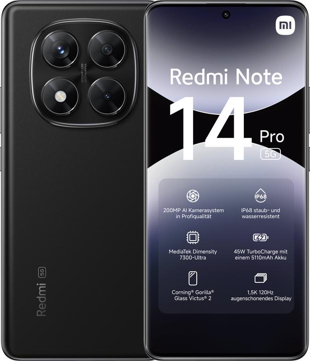 Produktbild Xiaomi Redmi Note 14 Pro 5G (256 GB, Midnight Black, 6.67", Dual SIM, 200 Mpx, 5G)