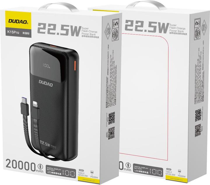 Produktbild Dudao K15Pro 20000mAh 22.5Watt 2x cable Black (20000 mAh, 22.50 W, 22.50 Wh)