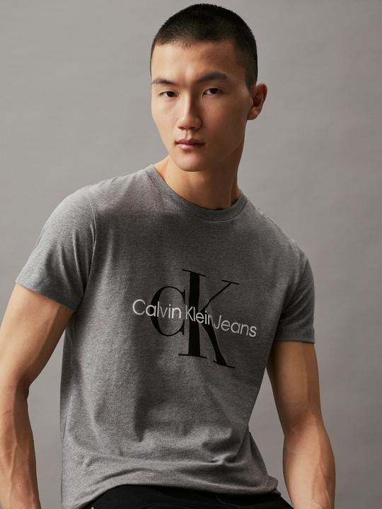 Actual product image Calvin Klein Jeans Jeans Mens T-shirt Short Sleeve Core Monologo Slim Fit, Grey (Mid Grey Heather), L (L)