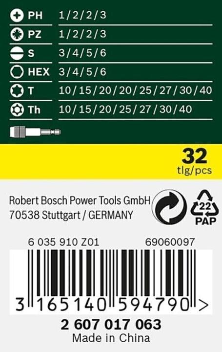 Produktbild Bosch Zubehör Schrauberbit-Set mit Farbcodierung, 32-teilig (Innensechsrund TX M10, Innensechsrund TX M15, Innensechsrund TX M20, Innensechsrund TX M30, Kreuz Pozidriv PZ M1, Innensechsrund TX mit Loch M20, Kreuz Phillips PH M1, Kreuz Phillips PH M2, Innensechsrund TX M25, Innensechsrund TX M27, Innensechsrund TX M40, Sechskant (hexagonal) M4)