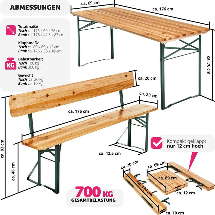 Produktbild tectake Bierzeltgarnitur 3-tlg. mit Lehne (176 cm)