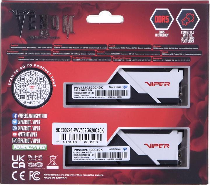 Image du produit Patriot Viper Venom 32GB DDR5 6200-40, PVV532G620C40K (2 x 16GB, 6200 MHz, RAM DDR5, U-DIMM)