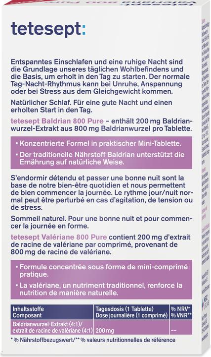 Valori nutrizionali e ingredienti Tetesept Valeriana 800 compresse pure (5 Pezzo/i, Pillole, 27 g)