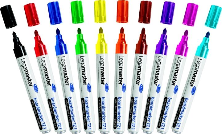 Legamaster Marqueur de panneau TZ1 10 pièces assorties (Jaune, Pink, Vert, Bleu, Bleu clair, Rouge, Marron, Violet, Orange, Noir, 3 mm, 10 x)