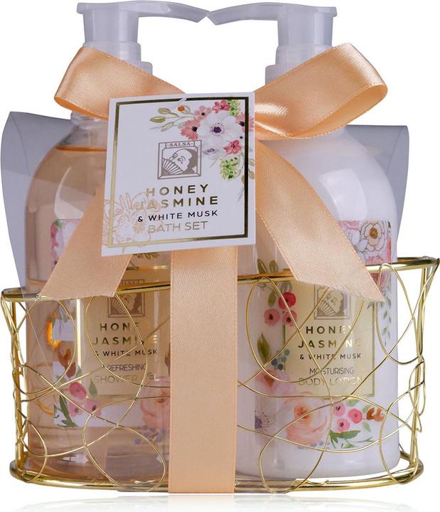 Accentra Badeset HONEY JASMINE in Drahtkorb, inkl. 260ml Duschgel, 260ml Bodylotion, Duft: Honey Jasmine & Wh (Körperpflegeset, Haarpflege set)