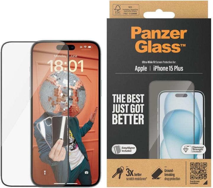 Actual product image PanzerGlass Screen Protector Ultra-Wide Fit w. EasyAligner (1 Piece, Apple iPhone 15 Plus)