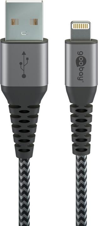 Actual product image Goobay Lightning to USB-A textile cable with metal plugs (space gray/silver) 1 m, 1 m, Black-Grey (1 m, USB 2.0)