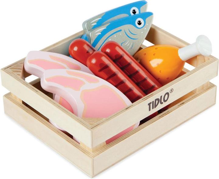 Productafbeelding Bigjigs Tidlo houten speelvoer vlees en vis in doos, 8 stuks.