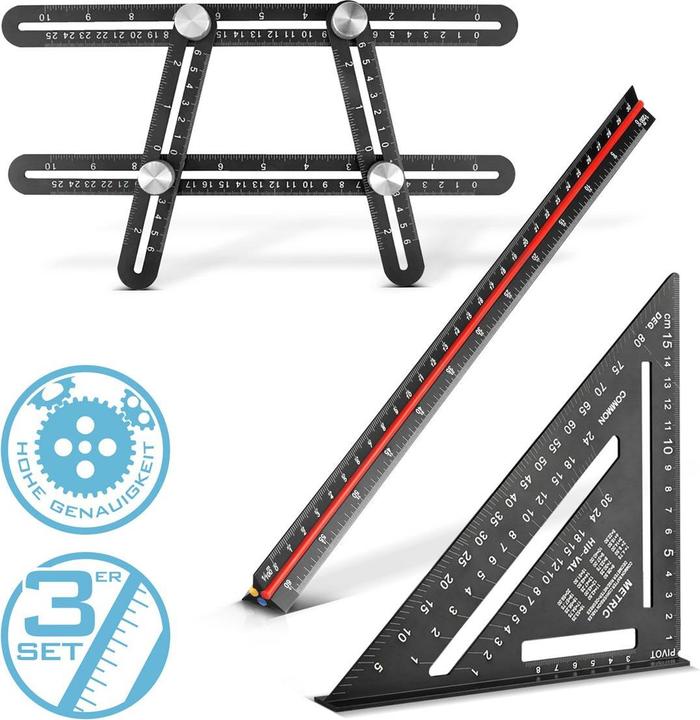 Produktbild Stahlwerk Lineal Set mit Multiwinkel-Messlineal, Dreikant-Lineal, Winkeldreieck (300 mm)
