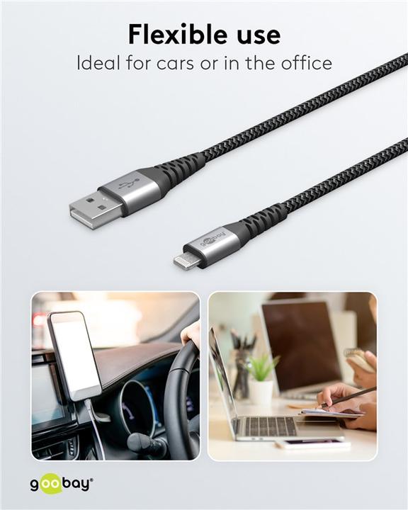 Actual product image Goobay Lightning to USB-A textile cable with metal plugs (space gray/silver) 1 m, 1 m, Black-Grey (1 m, USB 2.0)