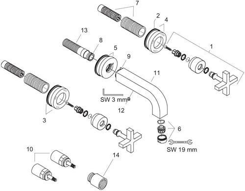 Produktbild Axor Citterio 3-Loch Waschtischarmatur Unterputz, Auslauf 222mm, Kreuzgriffe, Rosetten f
