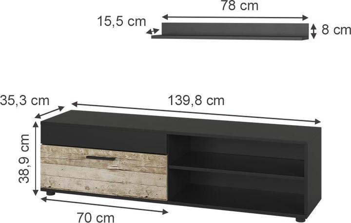 Produktbild Vichy Lowboard & Regal Berno, Schwarz/Sandeiche, mit 1 Klappe