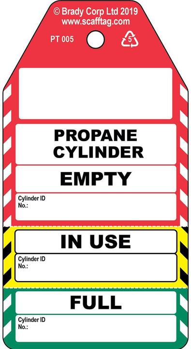Etichetta energetica Brady PROC-GB-PT 005-50, Rimorchio per bombole di propano in tre parti, polipropilene, nero su rosso, Ge