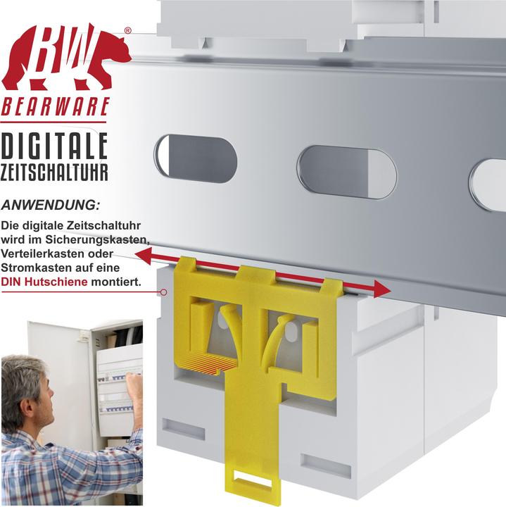 Produktbild Bearware Zeitschaltuhr digital für DIN Hutschienen im Verteilerschrank / Schalttafeln, LCD Display, 16A/3650W