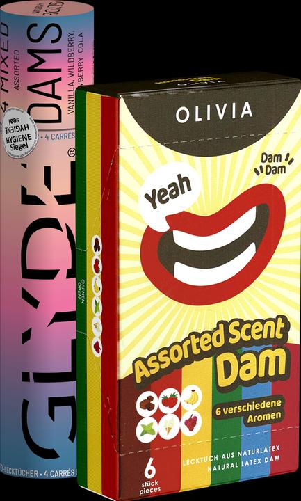 Actual product image Kondomotheke Dams Double - 2x colourful flavoured lick wipes, Sheer Glyde & Olivia Mix (10 pcs.)