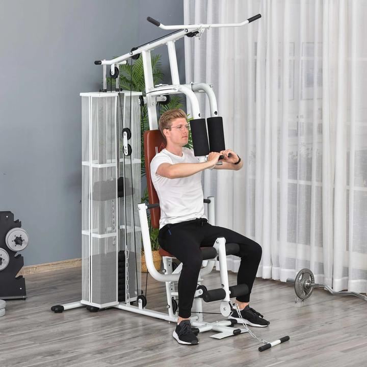 Produktbild Homcom Gym Kraftstation Multigym Fitnessgerät inkl. Gewichten Metall PU-Kunstleder Weiss 150x110x210cm