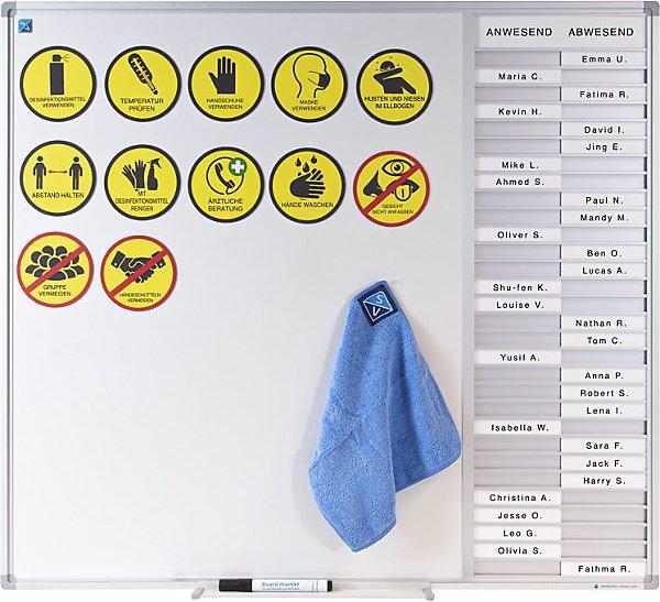 Produktbild smiT Anwesenheitstafel mit Whiteboard, Magnetfolien, Marker, Wischer, 769x854x15mm