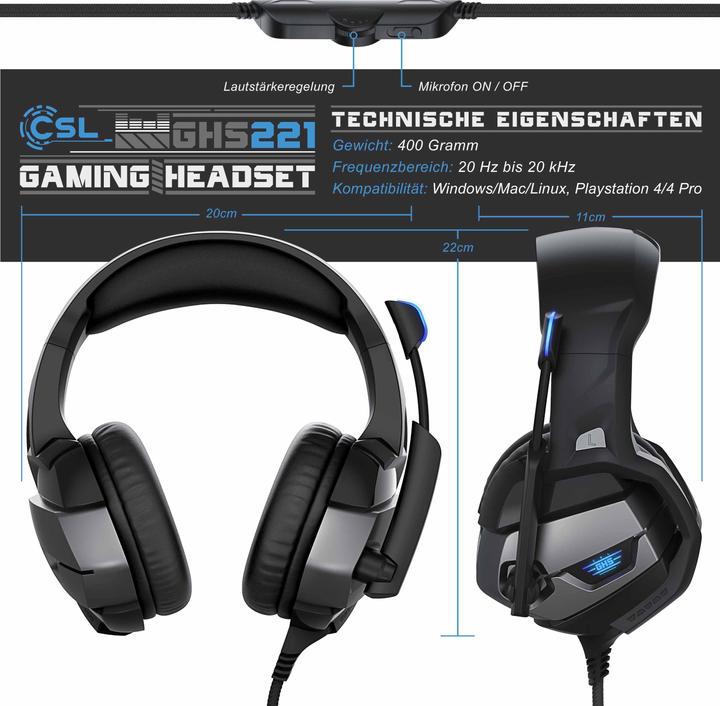 Actual product image CSL Gaming headset "GHS-221" with microphone & AUX, gaming headset suitable for PC/ PS4/ PS4 Pro (Cable)