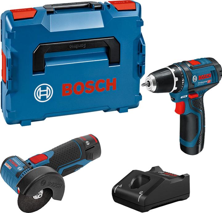 Bosch Professional Combo kit set with 2 12V tools: GSR 12V-15/GWS 12V-76, 2x battery GBA 12V 2.0Ah
