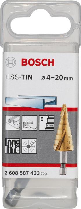 Produktbild Bosch Professional Zubehör Stufenbohrer HSS-TiN, 4 - 20 mm, 1/4-Zoll, 70,5 mm, 9 Stufen (bis 20 Millimeter)
