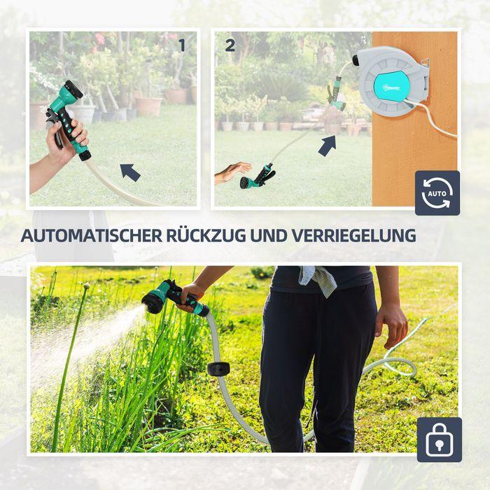 Immagine prodotto Swisshandel24 Schlauchtrommel mit Gartenschlauch 25m, Wandmontage, automatische Aufrollung, Handbrause, Grün+Grau (25 m)