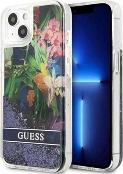 Productafbeelding Guess GUHCP13SLFLSB iPhone 13 Mini 5,4" Blauw / Blauw Hardcase Bloem Vloeibaar Glitter (Apple iPhone 13 mini)