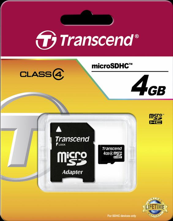 Produktbild Transcend microSDHC 4GB Klasse 4 + SD Adapter (4 GB, microSDHC, UHS-I)