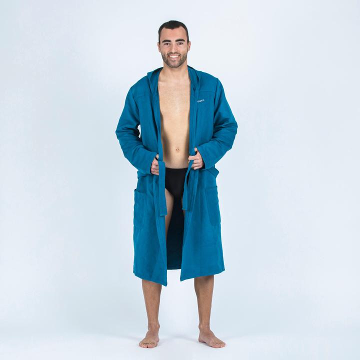 Immagine prodotto Nabaiji Accappatoio da uomo con cappuccio in microfibra compatto - blu scuro (XS)