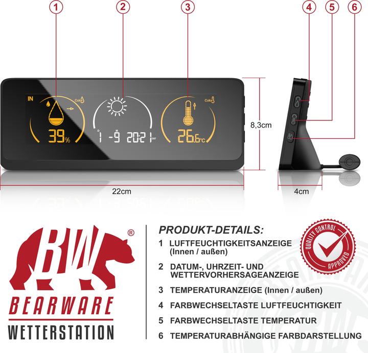Produktbild Bearware Funk Wetterstation mit Farbdisplay und Aussensensor - DCF Funkuhr - Innen- und Aussentemperatur