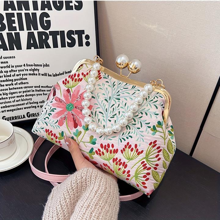 Produktbild Only-Bags.Store Vintage-inspirierten Blumenmuster Design Kupplung Tasche mit faux Perle Griff, modische