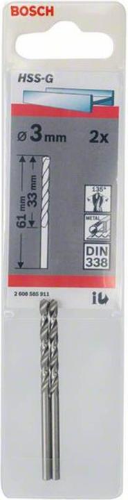 Actual product image Bosch Professional Zubehör Metal drill HSS-G, DIN 338, 3 x 33 x 61 mm, pack of 2 (3 mm)
