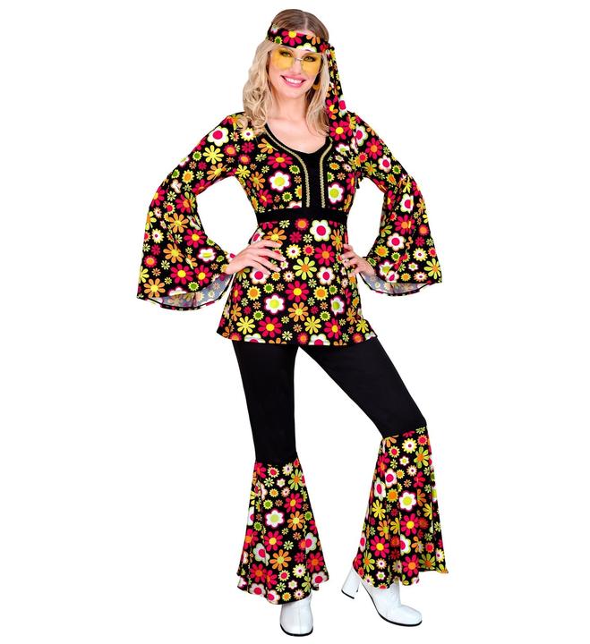 Widmann Hippie style costume ladies flower top, trousers and headband