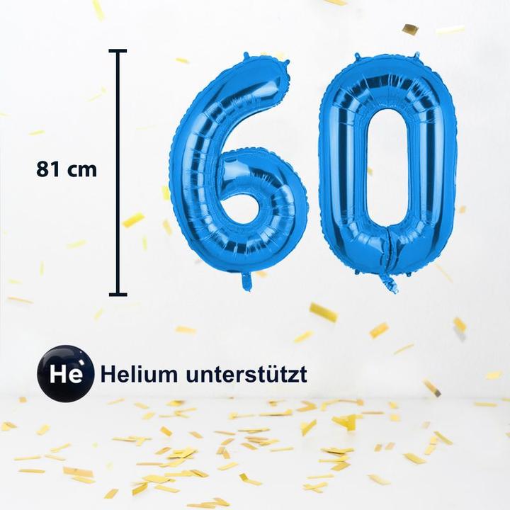 Produktbild Hermex Folienballon Zahl 60 Blau Zahlenballon Heliumballon Luftballon 81cm