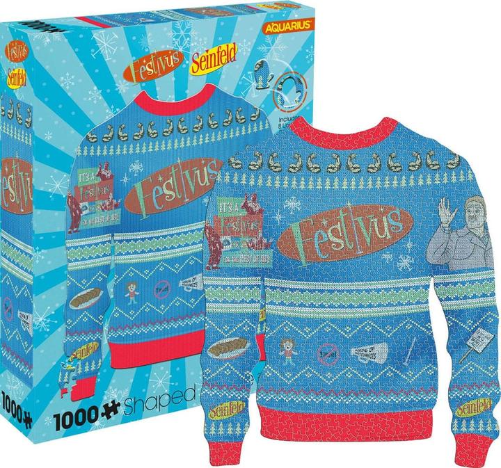 Actual product image NMR Distribution Seinfeld: Festivus Ugly Christmas Sweater Shaped 1000 Piece Jigsaw Puzzle (1000 pieces)