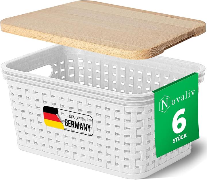Immagine prodotto Novaliv 6er Set Aufbewahrungsboxen mit Holzdeckel Mini 2L Korb Weiss in Rattan Design Lebensmittelech (2 l)