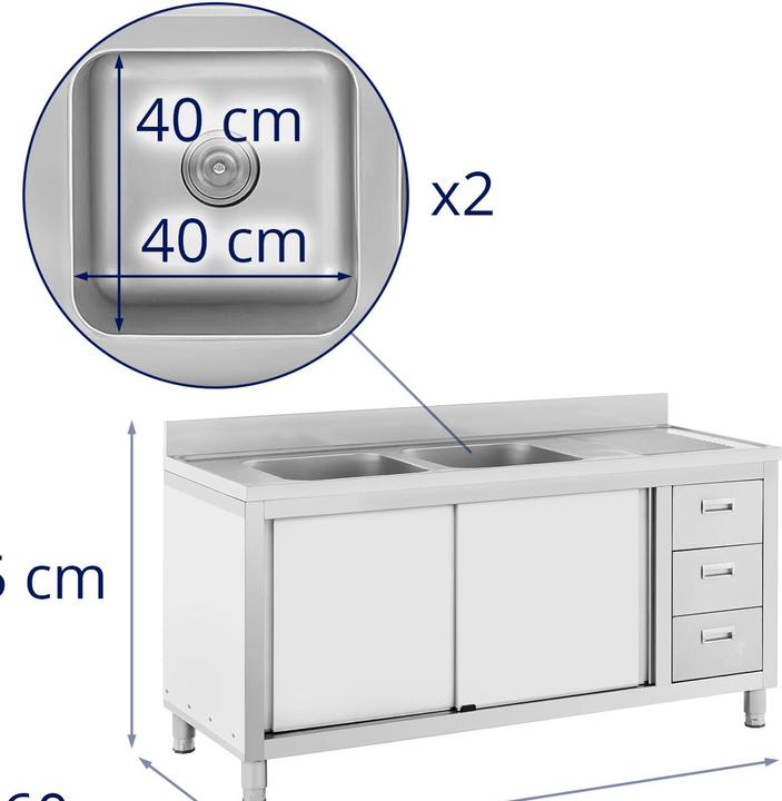 Produktbild Royal Catering Spülenschrank Spülenunterschrank Spülschrank Edelstahl 2 Becken: 400x400x300 mm (Spülbecken Zubehör, 30 cm, 60 cm)