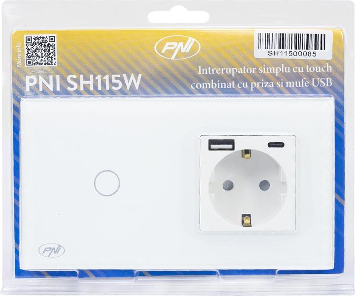 Produktbild PNI SH115W einfacher Glasschalter mit Touch, kombiniert mit Schuko-Steckdose und USB-Steckern