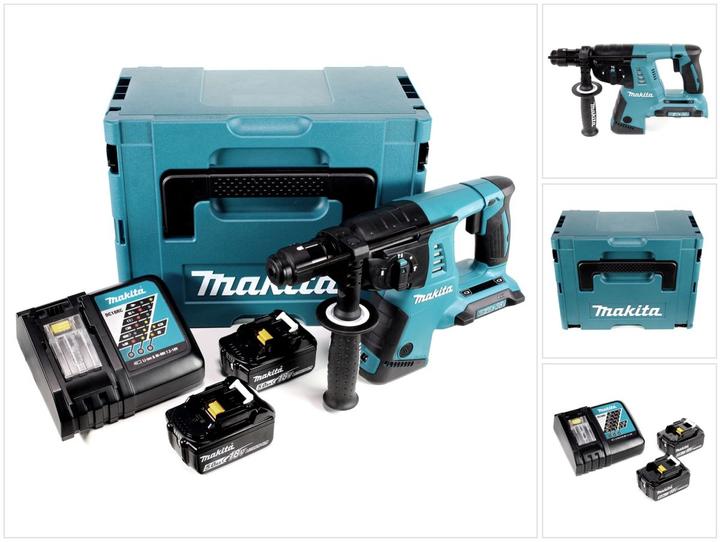 1x Makita DHR 264 2 x 18 V, Marteau perforateur sans fil 36 V Li-Ion SDS Plus, 2x Makita BL 1850 B 18 V 5,0 Ah Li-Ion batterie, 1x Makita DC 18 RC chargeur, 1x Makita Makpac taille 4 avec insert correspondant, 1x SDS-PLUS mandrin à serrage rapide