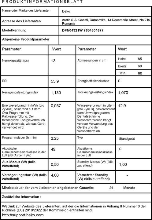 Nährwerte und Zutaten Beko Geschsp. DFN04321W E