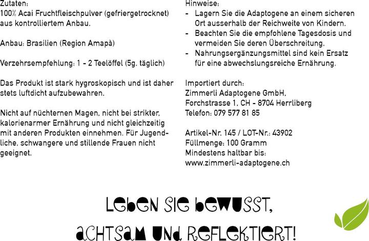 Nährwerte und Zutaten Zimmerli Adaptogene Acai Pulver (Pulver)