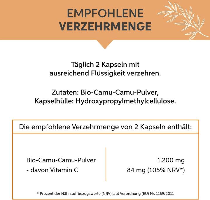 Valeurs nutritives et ingrédients Eltabia Gélules de camu camu bio | Haute dose 84mg par jour | 100% vitamine C naturelle (100 pièce(s), Capsules)