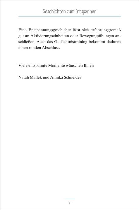 Produktbild Geschichten zum Entspannen. Kurze Erzählungen für Senioren. Auch mit Demenz. Ratgeber (Deutsch, Natali Mallek, Annika Schneider, 2019)